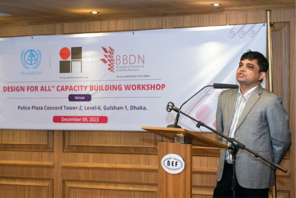 Mr. Mostac Ahmed, Chief Architect of Rajdhani Unnayan Kartripakkha, commanding attention and delivering an insightful speech at the workshop.