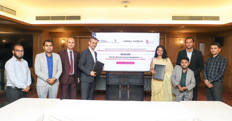Mr. Constantinos S. Gavriel, Chairman, Marriott Business Council Bangladesh and Ms. Aziza Ahmed, Director Operations, BBDN exchange signed MoUs, joined by representatives from both organizations.