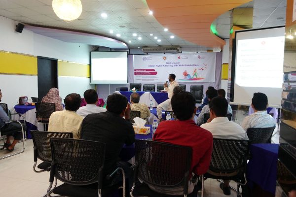 An OPD representative giving a presentation on situation of persons with disabilities in Khulna.