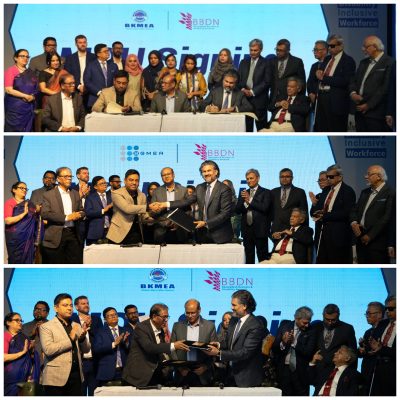 A collage of Memorandum of Understanding (MoU) signing moments between BBDN and BGMEA and BBDN and BKMEA.