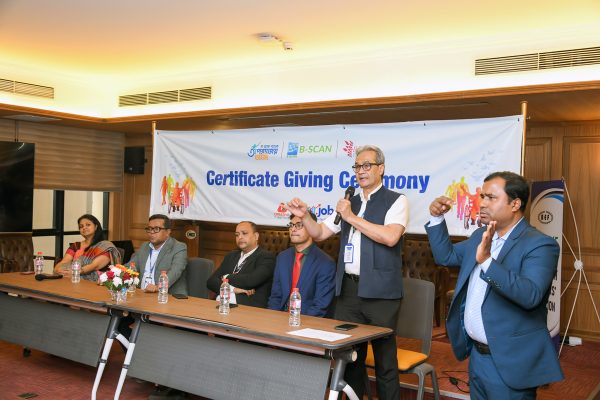 Ekram Kabir, Senior Executive Vice President, Communications, BRAC Bank PLC, is speaking at the certificate presentation ceremony.