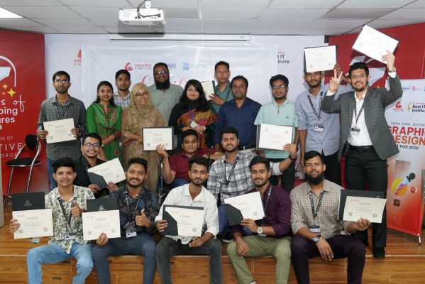 Group photo of representatives from BBDN, B-SCAN, Creative IT Institute, and the certified trainees with disabilities, all holding their certificates.