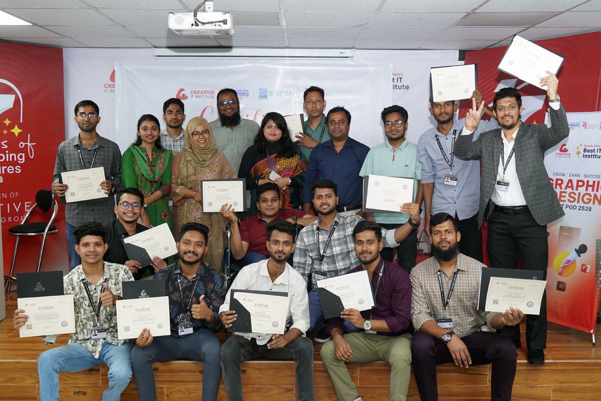 Group photo of representatives from BBDN, B-SCAN, Creative IT Institute, and the certified trainees with disabilities, all holding their certificates.